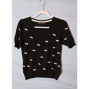 M&S Collection Womens Sweater Black with Small White Bows Short Sleeve Size 6